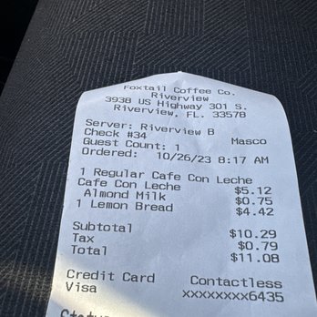 Foxtail Coffee - Riverview - The receipt. - Coffee & Tea Near Me - Riverview, Florida Foxtail Coffee - Riverview - The receipt. - Coffee & Tea Near Me - Riverview, Florida