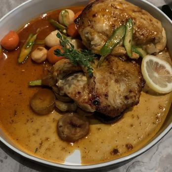 Wolf by Vanderpump at Caesars Republic Lake Tahoe - Dijon & Herb brick chicken w/ Roasted seasonal vegetables, and potatoes. This is Not just a chicken dish But Chicken with Flavor!! - American Near Me - Stateline, Nevada