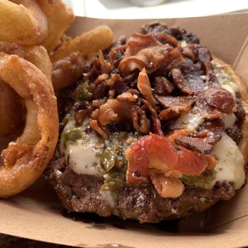 Maggies Kitchen - Serrano Bacon Cheeseburger with Onion Rings. - Burgers Near Me - Ouray, Colorado Maggies Kitchen - Serrano Bacon Cheeseburger with Onion Rings. - Burgers Near Me - Ouray, Colorado
