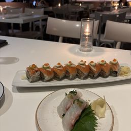Tai Nigiri with yuzu kosho and shiso leaf + Salmon Lemon roll while