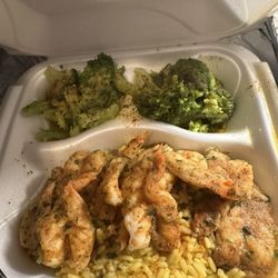 Seafood Cafe - Shrimp with yellow rice and broccoli