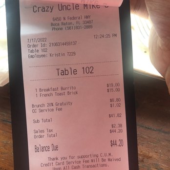 Crazy Uncle Mike's - The ridiculous bill! Not worth it at all - Music Venues Near Me - Boca Raton, Florida Crazy Uncle Mike's - The ridiculous bill! Not worth it at all - Music Venues Near Me - Boca Raton, Florida
