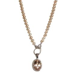 Melinda Lawton Jewelry - Large Morganite pendant surrounded by diamonds hang from a chain of hand-knotted natural color pink pearls, and a pave diamond lobster clasp