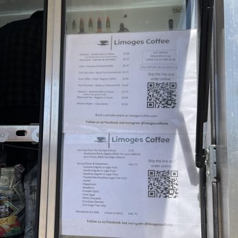 Limoges Coffee - a menu on the side of a food truck - Coffee & Tea Near Me
