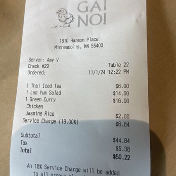 Gai Noi - Our bill - tip is automatically included - Desserts Near Me - Minneapolis, Minnesota Gai Noi - Our bill - tip is automatically included - Desserts Near Me - Minneapolis, Minnesota