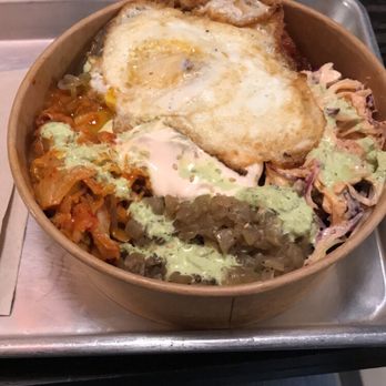 All About Gogi - spicy bacon with purple rice and a fried egg on top - Korean Near Me - Hoboken, New Jersey All About Gogi - spicy bacon with purple rice and a fried egg on top - Korean Near Me - Hoboken, New Jersey