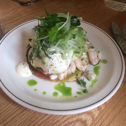 Pancake with roasted garlic, poached egg, and shrimp Pancake with roasted garlic, poached egg, and shrimp