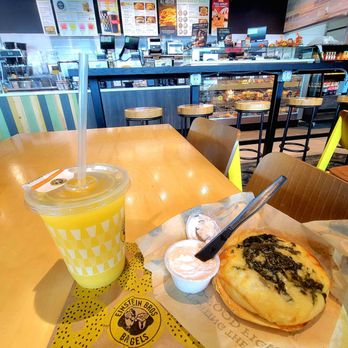 Einstein Bros. Bagels - Spinach Florentine Bagel, shmear cup, Fresh OJ! Nice medium-sized lobby, with power outlets. Seating for 20. - Breakfast & Brunch Near Me - Rockwall, Texas Einstein Bros. Bagels - Spinach Florentine Bagel, shmear cup, Fresh OJ! Nice medium-sized lobby, with power outlets. Seating for 20. - Breakfast & Brunch Near Me - Rockwall, Texas