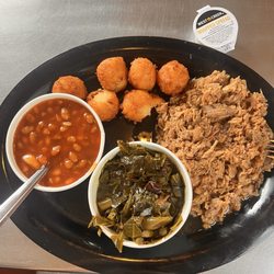 Chopped pork, barbecue, collards, baked beans, hush puppies