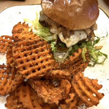 Skye Bar & Grill - Smash patty melt w/ saute onions & yummy sauce , sweet potato fries - American Near Me - Las Vegas, Nevada Skye Bar & Grill - Smash patty melt w/ saute onions & yummy sauce , sweet potato fries - American Near Me - Las Vegas, Nevada