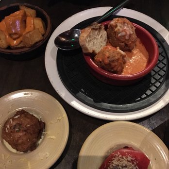 La Marcha Tapas Bar - Some of the tapas we had (boar meatball, shrimp ball, goat cheese in tortilla and spicy potatoes) - Spanish Near Me - Berkeley, California