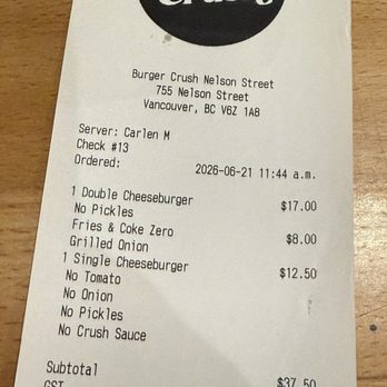 Burger Crush - Receipt (price) - Burgers Near Me - Vancouver, British Columbia