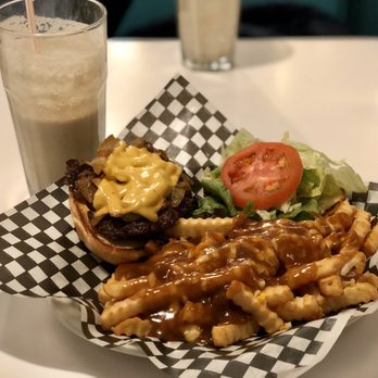 Stuies Diner - Cheeseburger with poutine and chocolate milkshake - Burgers Near Me - Dawson Creek, British Columbia Stuies Diner - Cheeseburger with poutine and chocolate milkshake - Burgers Near Me - Dawson Creek, British Columbia