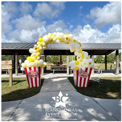 Blank Canvas Event Decor - Balloon Popcorn Arch with popcorn boxes. Corporate Customer Appreciation Balloons. Balloons Melbourne FL, Balloons Palm Bay FL,