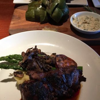 Seasons 52 - Flat iron med rare...sooooo good! Yukon mash and asparagus yummm. - New American Near Me - Costa Mesa, California Seasons 52 - Flat iron med rare...sooooo good! Yukon mash and asparagus yummm. - New American Near Me - Costa Mesa, California