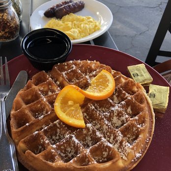 SB Sunshine Cafe - Belgian waffle combo with scrambled eggs and sausage. - Breakfast & Brunch Near Me - Goleta, California SB Sunshine Cafe - Belgian waffle combo with scrambled eggs and sausage. - Breakfast & Brunch Near Me - Goleta, California