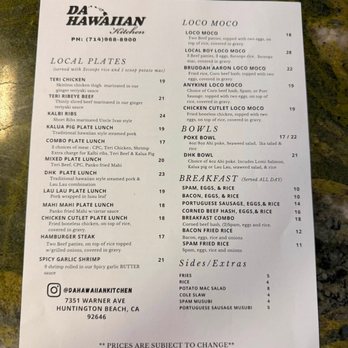 Da Hawaiian Kitchen - Menu Pg 1 of 2 - Hawaiian Near Me - Huntington Beach, California Da Hawaiian Kitchen - Menu Pg 1 of 2 - Hawaiian Near Me - Huntington Beach, California