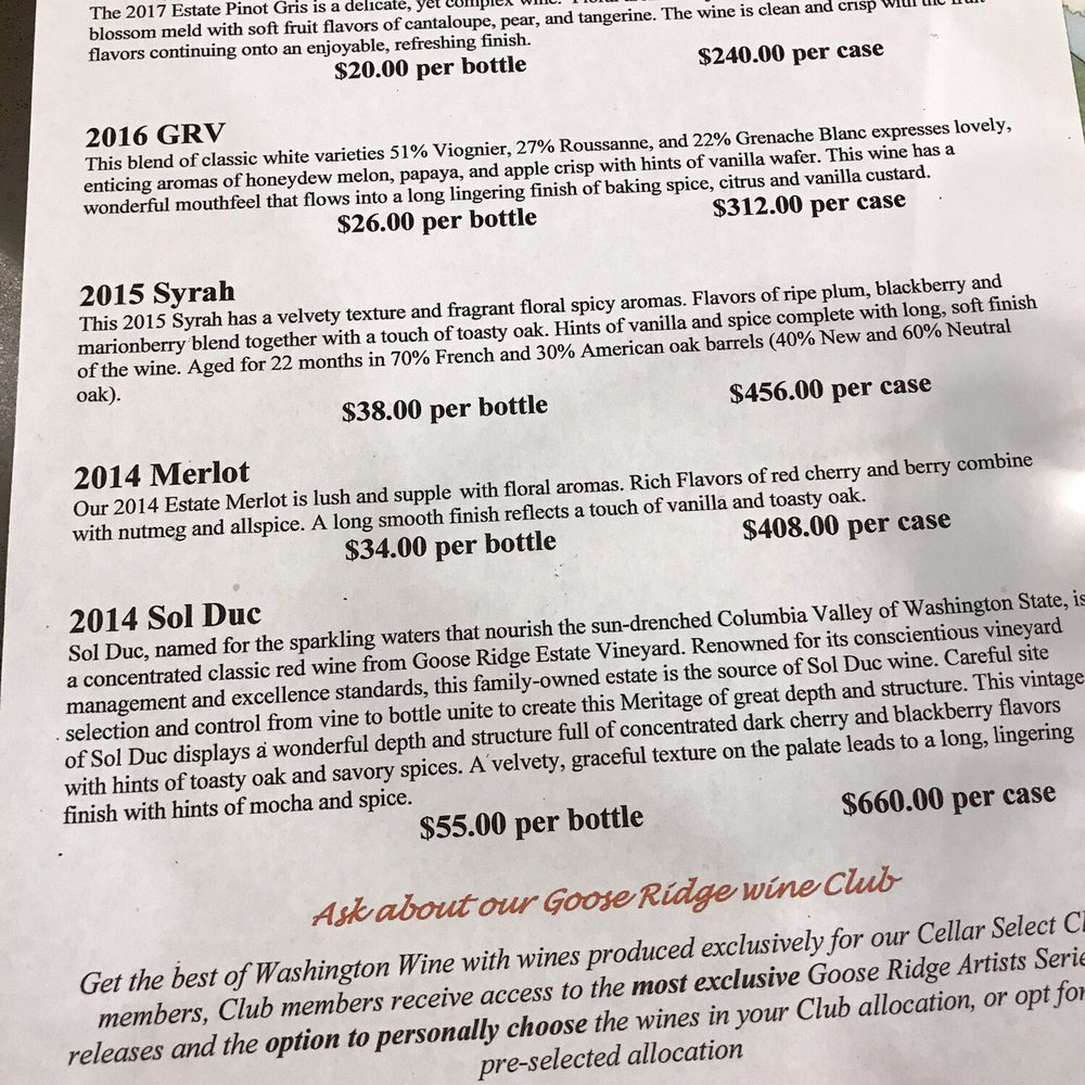 Customized Tours - Wine list we tried - Tours Near Me - Des Moines, Washington