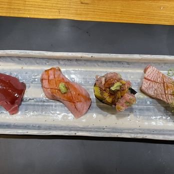 Ken's Japanese Restaurant - Part of Omakase - Tuna Flight - from L to R : Bluefin, Toro, cut up toro it's Japanese pickles, cheek - Japanese Near Me - Rancho Cucamonga, California Ken's Japanese Restaurant - Part of Omakase - Tuna Flight - from L to R : Bluefin, Toro, cut up toro it's Japanese pickles, cheek - Japanese Near Me - Rancho Cucamonga, California