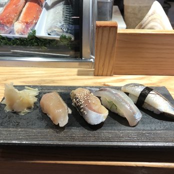 Sushi Kashiba - Right to left: herring, ocean smelt, mackerel, king mackerel - Japanese Near Me - Seattle, Washington Sushi Kashiba - Right to left: herring, ocean smelt, mackerel, king mackerel - Japanese Near Me - Seattle, Washington