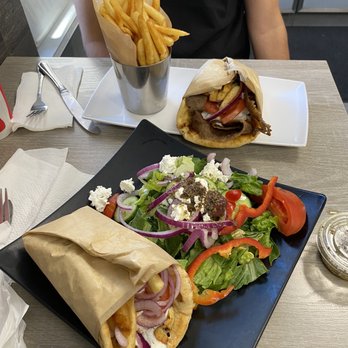Pita Pitaki - Top: lamb gyro combo (w/fries and drink ~$4), bottom: chicken kalamaki combo (w/ salad and frink) - Greek Near Me - Long Beach, California Pita Pitaki - Top: lamb gyro combo (w/fries and drink ~$4), bottom: chicken kalamaki combo (w/ salad and frink) - Greek Near Me - Long Beach, California