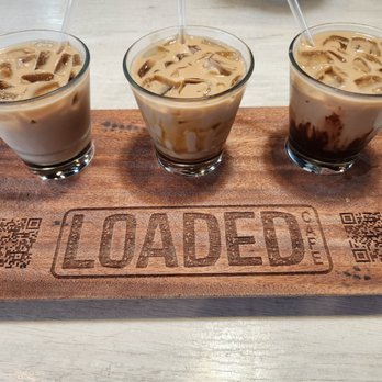 Loaded Cafe - Long Beach - Iced coffee flight (horchata, caramel, and mocha) - American Near Me - Long Beach, California