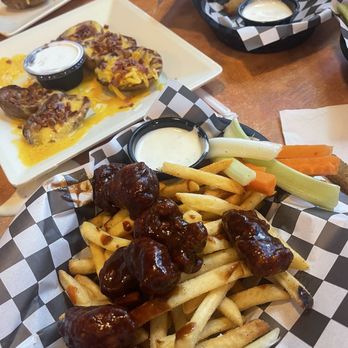 Wing House - Spicy honey bbq boneless wings with fries, stuffed potato skins, and fried pickles. - Chicken Wings Near Me - South Gate, California Wing House - Spicy honey bbq boneless wings with fries, stuffed potato skins, and fried pickles. - Chicken Wings Near Me - South Gate, California
