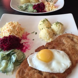 Kovalsky's Schnitzel front, Steamed Salmon rear.