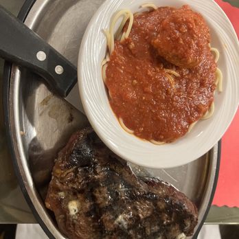 Minard's Spaghetti Inn - Good looking but tough as leather New York Strip and side of Spaghetti. - Italian Near Me - Clarksburg, West Virginia Minard's Spaghetti Inn - Good looking but tough as leather New York Strip and side of Spaghetti. - Italian Near Me - Clarksburg, West Virginia