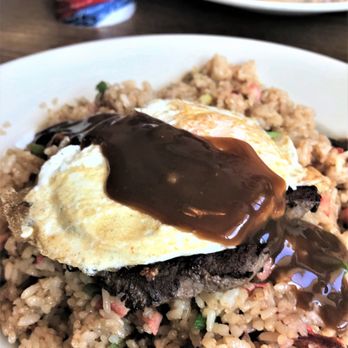 Kona Kitchen - Seattle - Loco Moco (rice, egg, hamburger patty, brown gravy) with fried rice. - Hawaiian Near Me - Seattle, Washington