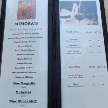 Cambria Mimosas - As is the name of this restaurant, many Mimosa's to choose from here.  Getcha a Michelada too! - American Near Me - Cambria, California
