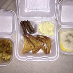 French Toast , Smokey Turkey Links, Potatoes, Egg Whites and Grits.