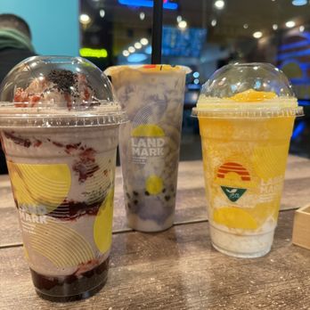 Landmark Tea - (Left to Right) Red Night, Taro Lava, and Mango Sticky Rice Slush - Tea Rooms Near Me - Las Vegas, Nevada Landmark Tea - (Left to Right) Red Night, Taro Lava, and Mango Sticky Rice Slush - Tea Rooms Near Me - Las Vegas, Nevada