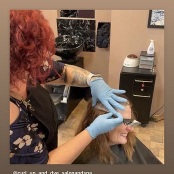 Curl Up and Dye - Our owner Vicki, applying color. - Hair Salons Near Me - East Amherst, New York Curl Up and Dye - Our owner Vicki, applying color. - Hair Salons Near Me - East Amherst, New York