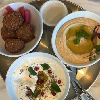 Ammatoli - Labne Mezza, Spicy Hummus Mezza, Falafel Mezza. Pita and Tahini sauce. - Mediterranean Near Me - Long Beach, California