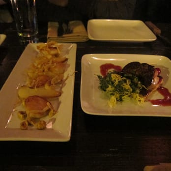 Quinn's - scallop with apples appetizer on left; foie gras appetizer on right - New American Near Me - Seattle, Washington