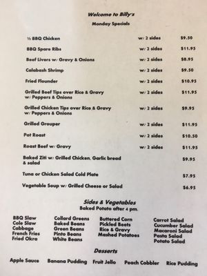 Menu photo 3 Billys Barbeque Family Mount Holly, NC