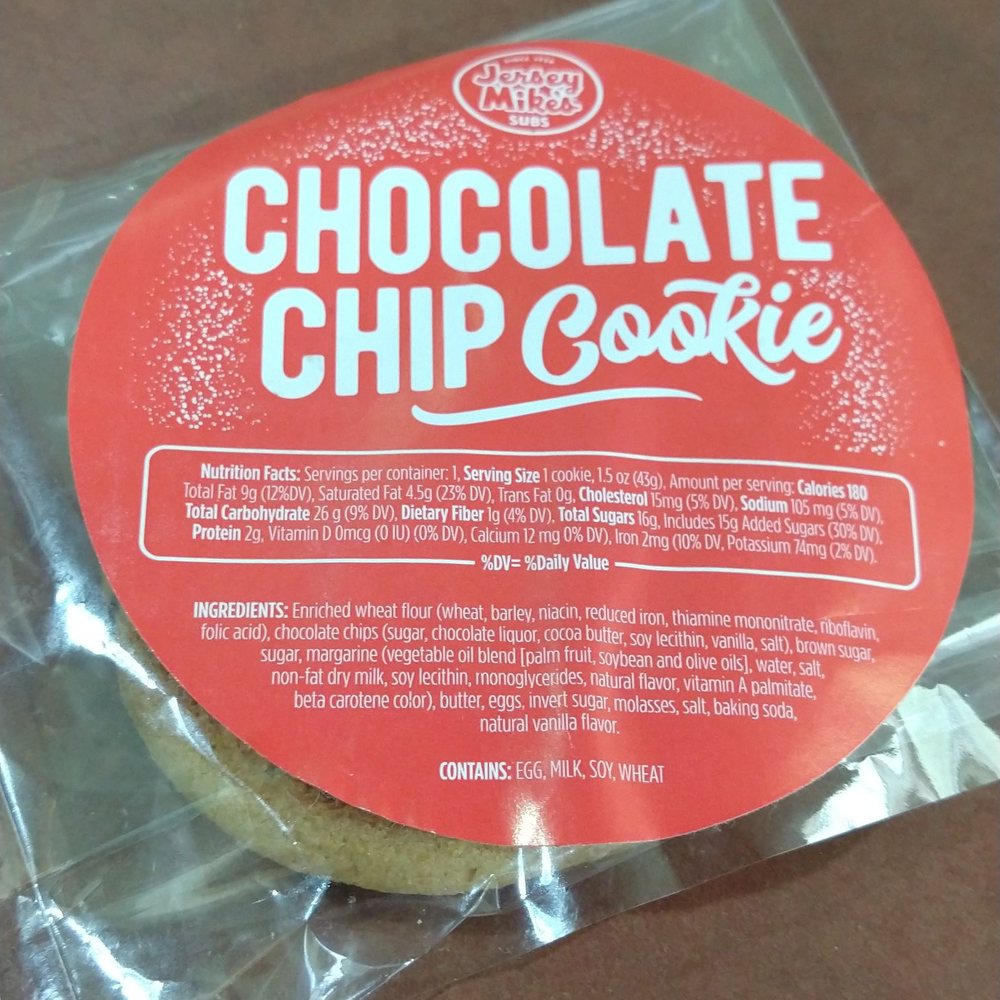 Jersey Mike's Subs - Nutrition Facts and Ingredients List of the Chocolate Chip Cookie - Sandwiches Near Me - Long Beach, California Jersey Mike's Subs - Nutrition Facts and Ingredients List of the Chocolate Chip Cookie - Sandwiches Near Me - Long Beach, California
