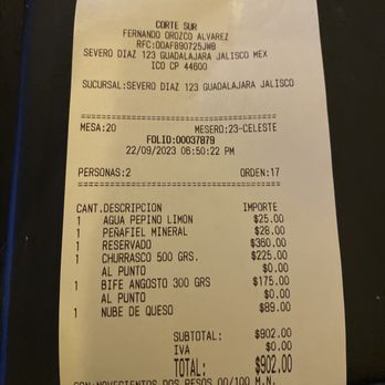 Corte Sur Parrilla - Receipt - Steakhouses Near Me - Guadalajara, JAL Corte Sur Parrilla - Receipt - Steakhouses Near Me - Guadalajara, JAL