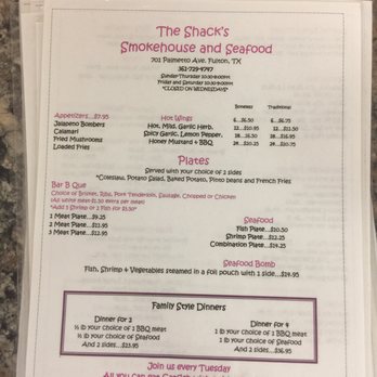 The Bar-B-Que Shack - Menu as of Tuesday March 28,2017. - Barbeque Near Me - Fulton, Texas The Bar-B-Que Shack - Menu as of Tuesday March 28,2017. - Barbeque Near Me - Fulton, Texas