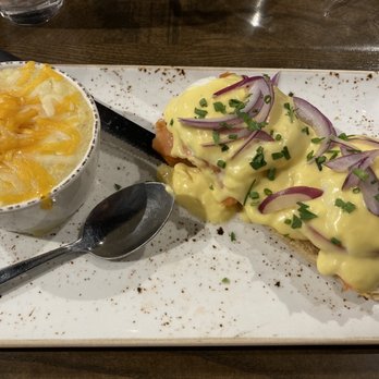 First Watch - Salmon Benedict with side of cheese grits. - Breakfast & Brunch Near Me - Indianapolis, Indiana