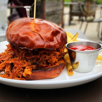 Hinterland Brewery - Applewood Smoked BBQ Pulled Pork Sandwich. Such a nice savory BBQ flavor. - New American Near Me - Green Bay, Wisconsin Hinterland Brewery - Applewood Smoked BBQ Pulled Pork Sandwich. Such a nice savory BBQ flavor. - New American Near Me - Green Bay, Wisconsin
