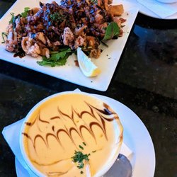 Old Alcohol Plant Inn - Valentine special butternut squash soup and calamari topped with bacon and balsamic glaze