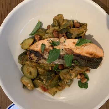 Fish - Salmon ! This item was on the board. It came w/yogurt sauce but I had it on the side. Veggies (spicy) were very tasty with the mint & nuts . - Seafood Near Me - Sausalito, California
