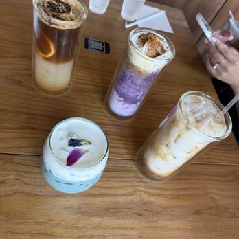 Escape 360 - (From top left corner and clockwise) Yuzu Americano, Ube Latte, Iced Cappuccino, Blue Sky Milk Latte - Cafes Near Me - McKinney, Texas