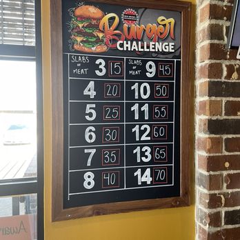 Cold Beers & Cheeseburgers - Burger challenges. The first number is the number of patties on a burger and the number in the little red box is how many minutes you have - Sports Bars Near Me - Euless, Texas