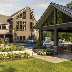 Mom's Design Build - Pool house design and build - landscape design with pool, sunken hot tub, lounge area in Minnesota