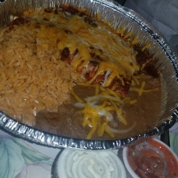 Ramos Tex-Mex Restaurant #3 - Enchilada Special with Rice and Refried Beans (Peep... a small cup of their very delicious Ranch Salsa) - Tex-Mex Near Me - Austin, Texas