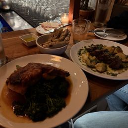 Roast Chicken, Rapini, Chicken Jus and Grilled Strip Steak, Potato, Salsa Verde and Prosciutto Di Parma, Parmigiano Reggiano Roast Chicken, Rapini, Chicken Jus and Grilled Strip Steak, Potato, Salsa Verde and Prosciutto Di Parma, Parmigiano Reggiano