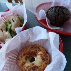 Bagel Street Cafe - Tuna bagel sandwich, tomato mozzarella bagel, chocolate muffin